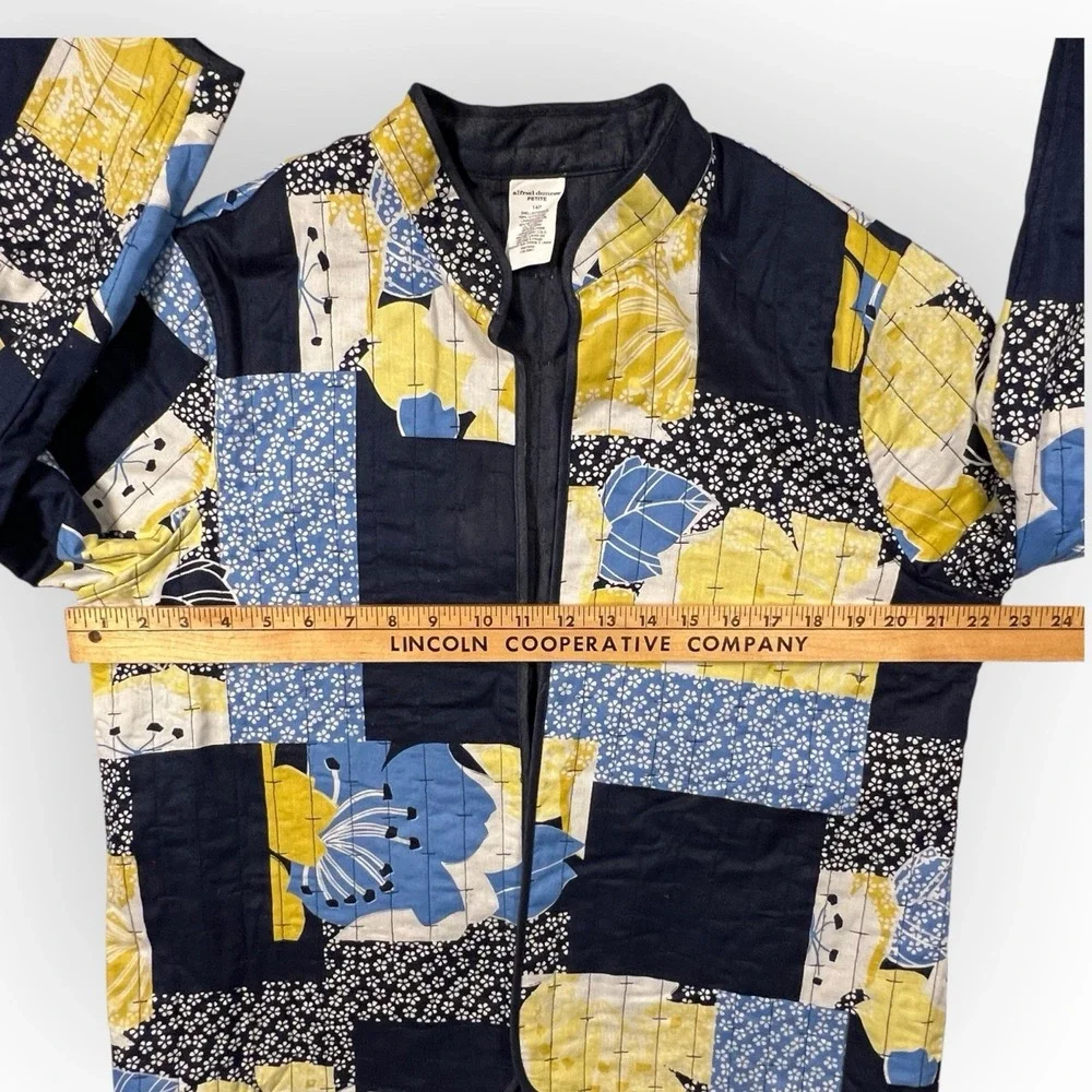 Quilted Open Lightweight Jacket Patchwork Mandarin Collar Petite 14P Yellow Blue